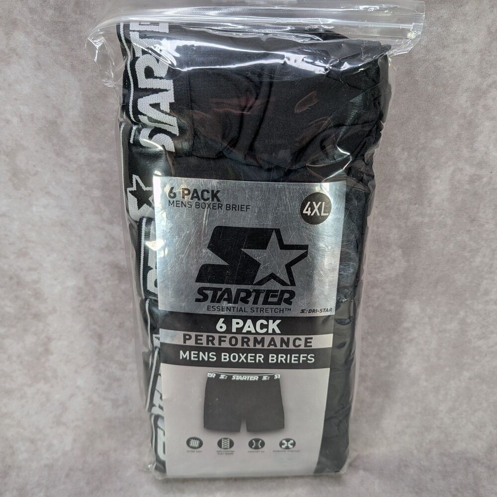 Starter Mens Performance Boxer Briefs 6 Pack Black Dri-Star Stretch Size 4XL New